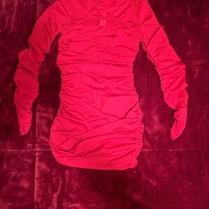 Vibrant Red Ruched Long Sleeve Dress